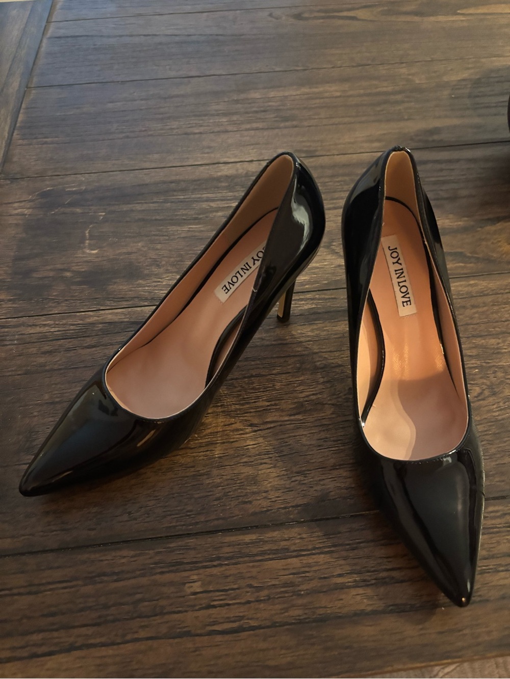 JOY IN LOVE Women's Heels Pointy Chunky Heel Pumps Shiny Black Size 8.5